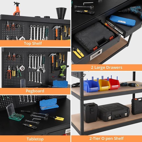 Workbench with Drawers,48'' Work Table for Garage & Workshop - 1000lbs Capacity, 2 Drawers & Pegboard, 0.48" Hardwood Top, 4 AC Outlets, Metal Tool Bench