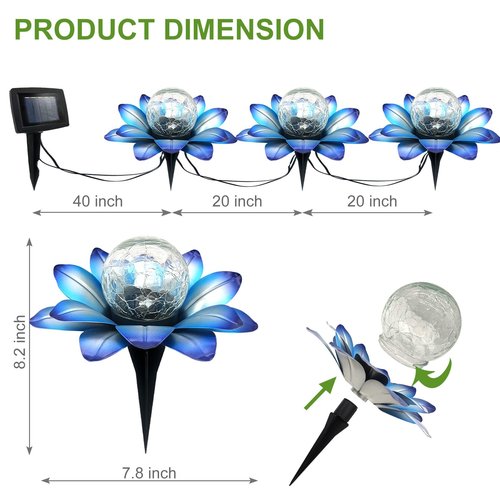 LEWIS&WAYNE Solar Garden Lights Outdoor, 3 Pcs Blue Lotus Flower Pathway Lamps with Cool White Crackle Glass Globe Led Lights for Patio Pathway Yard Balcony Garden Decorations