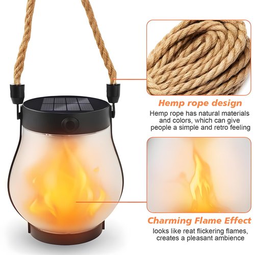 Flickering Flame Solar Lanterns, Camping Lantern Outdoor Lights, Automatic Light Sensor, Solar & USB-C Charging, Waterproof Hanging Lantern for Pathway Yard Patio Porch Garden Decor (1PCS)