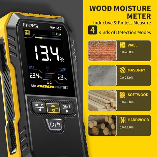 FNIRSI WMT-10 Rechargable Wood Moisture Meter, Pinless Moisture Meter for Wood, Wall, Firewood, Support Data Hold and Record, Flashlight, Humidity Detector for Lumber Concrete Building