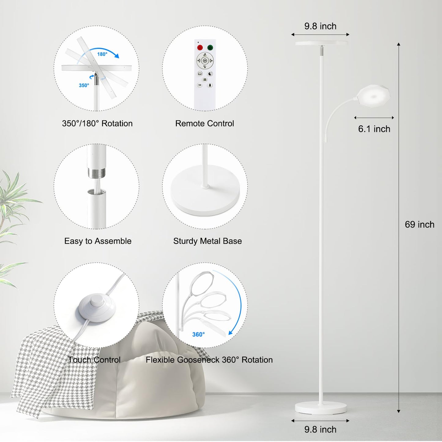 SUNMORY Floor Lamps for Living Room, 48W/4200LM Super Bright LED Floor Lamp with Remote Control, 69" Tall Standing Lamp with Stepless Dimmable, Modern Torchiere Reading Lamp for Bedroom, Office White