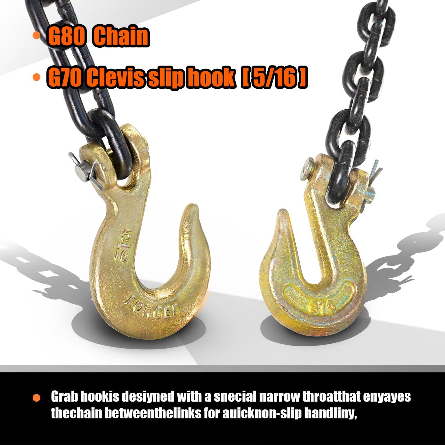 G80 Log Chain 5/16'' X 15 Feet Transport Chain with Clevis Grab Hooks | Heavy Duty Safety Chain WLL 4,900 lbs for Hauling & Towing