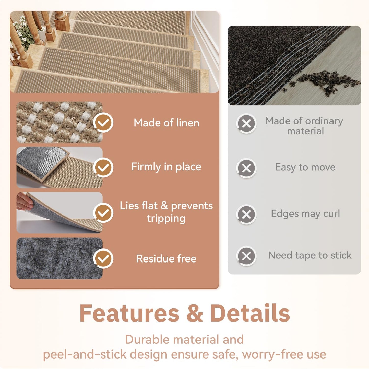 15PC Jute Stair Treads for Wooden Steps-Non Slip Peel and Stick Stair Treads Indoor, Adhesive Staircase Step Treads Residue Free, Cat-Friendly & Scratch-Resistant Durable Stair Runner Rug,8"x30" Beige