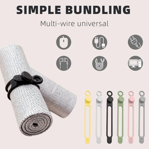 Data Cable Organizer, 2025 New Elastic Silicone Cable Straps Cord Organizer, Reusable Cable Ties Wire Organizer for Bundling and Fastening Earphone, Phone Charger (12 Pcs)