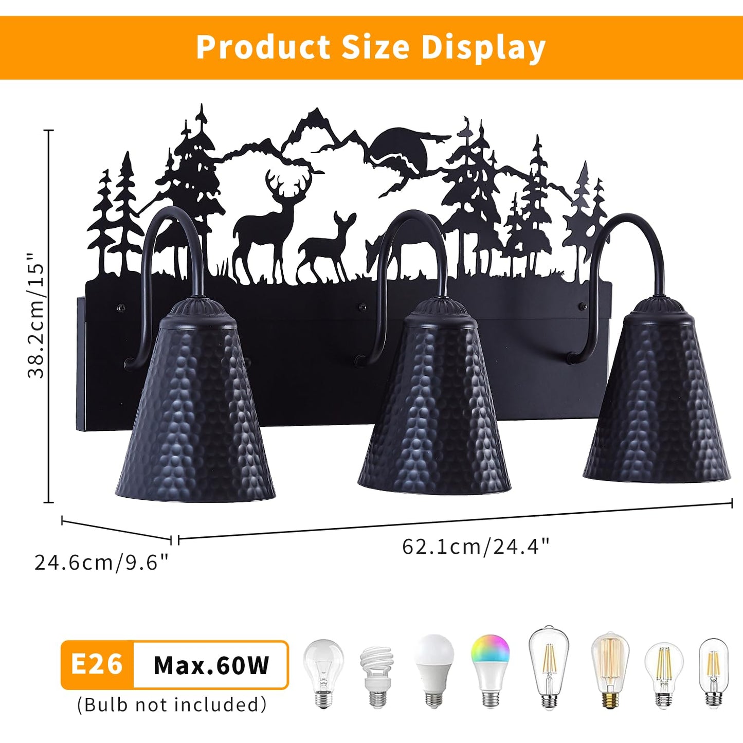 Monaxon Farmhouse Bathroom Vanity Light with Deer Design - E26 Base 3-Light Black Metal Rustic Wall Fixture for Mirror Lighting, and Dressing Table (Large, Bulb Not Included)