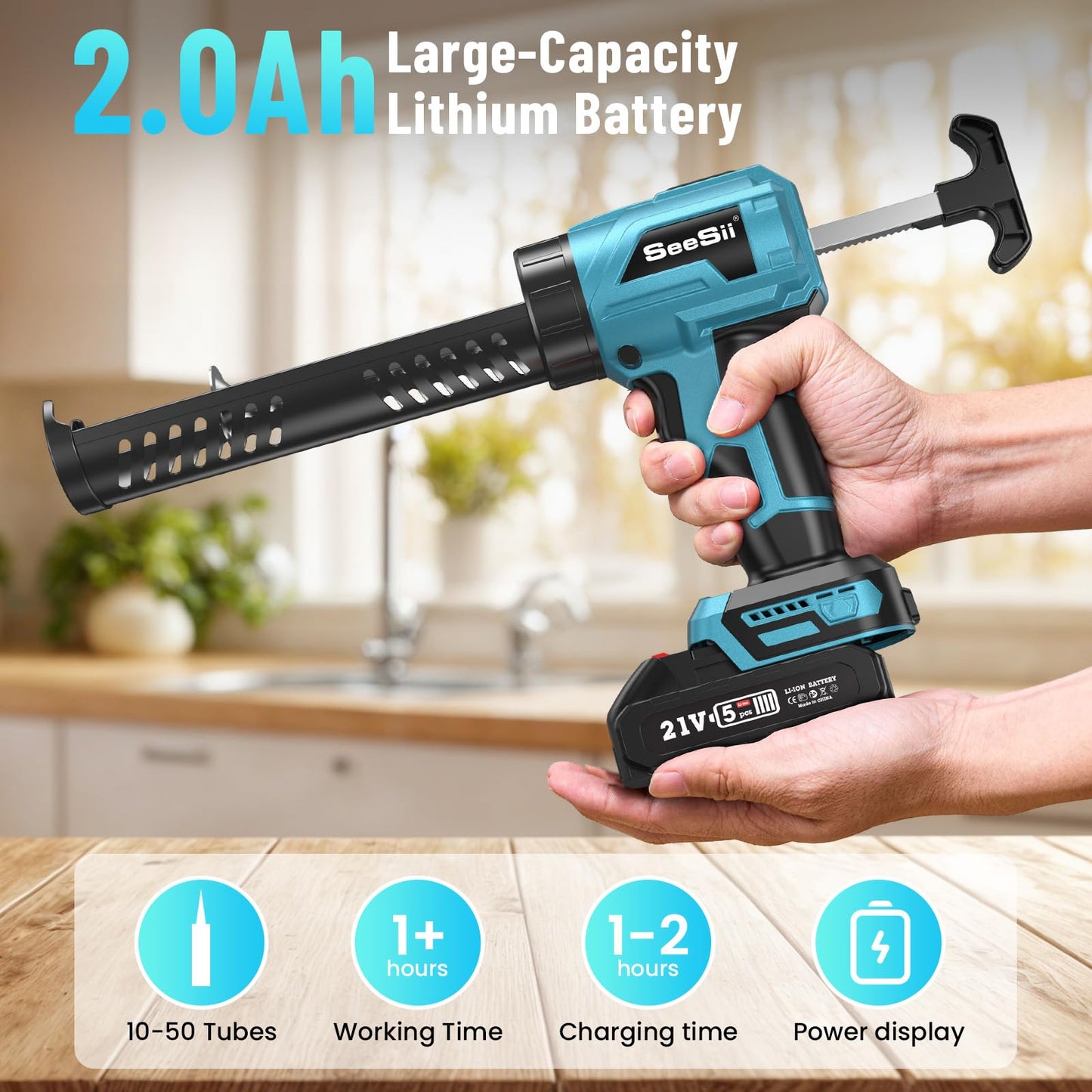 Seesii Cordless Caulking Gun, 2 x 2000mAh Batteries Battery Powered Caulk Gun 21V, 4 Speeds, 10oz/300ml Electric Caulking Gun, Adhesive Gun Kit for Filling, Sealing