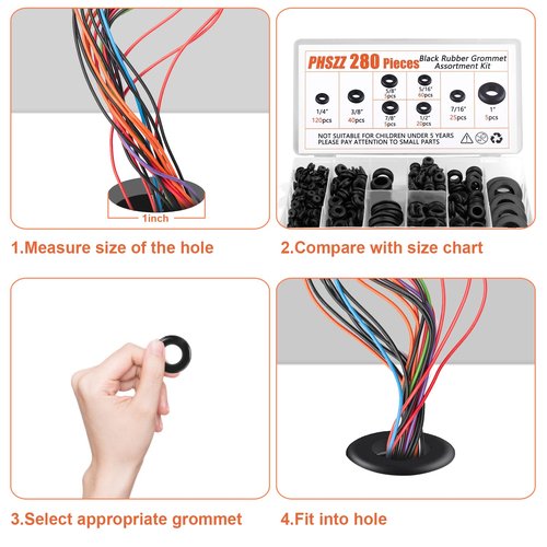 PSHZZ 280 PCS Rubber Grommets Kit, Rubber Hole Grommet Gaskets Assortment for Wiring, Wire, Automotive, Firewall, Sheet Metal, Hardware Repair, 8 Sizes 1/4" 5/16" 3/8" 7/16" 1/2" 5/8" 7/8" 1"