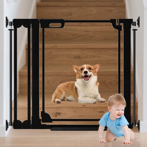 AiWMGL Clear Baby Gate 29.13-37.79" Wide Acrylic Safety Proof Dog Puppy Pet Barrier for Stairs, Transparent Adjustable Pressure Mounted No Drill Auto Close Indoor, Doorways, Hallway,Black
