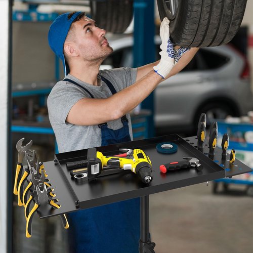 Rolling Tool Tray Cart, Mobile Work Table Tool Tray with 2 Tool Holder Metal Tattoo Tray Height Adjustable, Tool Table Rolling Utility Cart, Tray Cart Tool Storage for Salon Garage Bike Work Shop