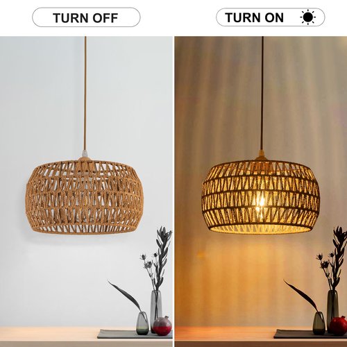 OCWHT Rattan Pendant Light Fixture Ceiling Bohemian Chandelier Flush Mount Hanging Light 12.99-inch Small Woven Lamp Shade Wooden Base Basket for Kitchen Island Hallway Bedroom Dinning Table