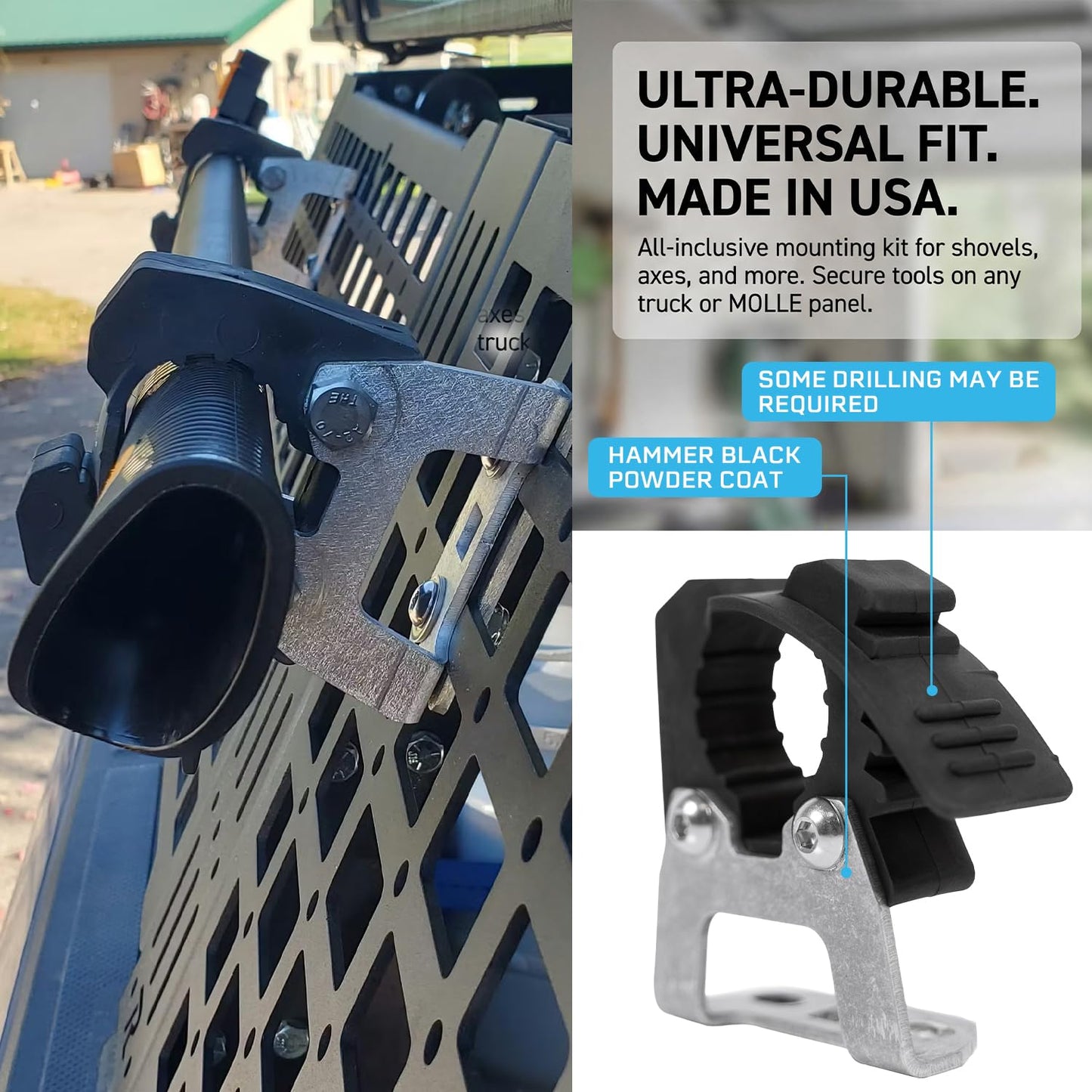 Rago Fabrication Molle Panel Mounts with Quick Fist Clamps for Shovels and Axes - CNC Cut Aluminum Mounting Brackets for Truck Beds - Made in USA