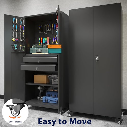 JFHID 71" Metal Garage Storage Cabinet with Drawers and Wheels Rolling Tool Chest Cabinet with Pegboards, Lockable Storage Cabinets with Adjustable Shelves for Warehouse,Workshop,Garage, Basement