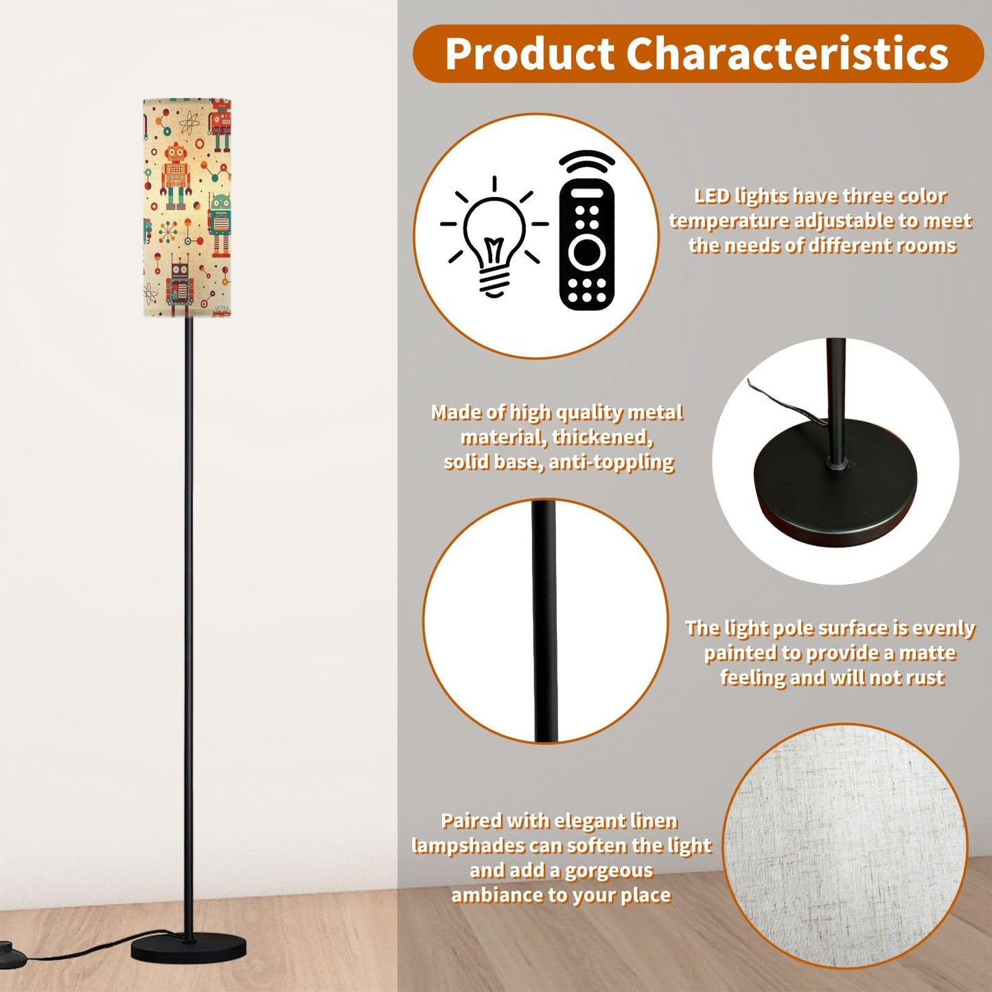 Modern Standing Lamps Vintage robots retro tin toys pattern Classic old school mechanical Floor Lamp Metal Pole Lamp with Linen Lampshade for Bedroom Living Room Office Nursery Reading Foot Switch