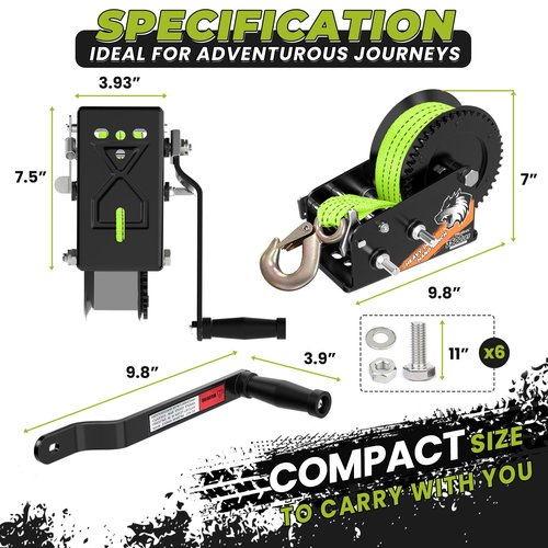 Truqual 3500LB Boat Trailer Winch, Heavy-Duty Trailer Winch with 33-ft Green Strap. Features 2-Speed Ratchet 4:1/8:1, Ideal for Loading Boats, Trucks,Jet Skis, RVs & ATVs