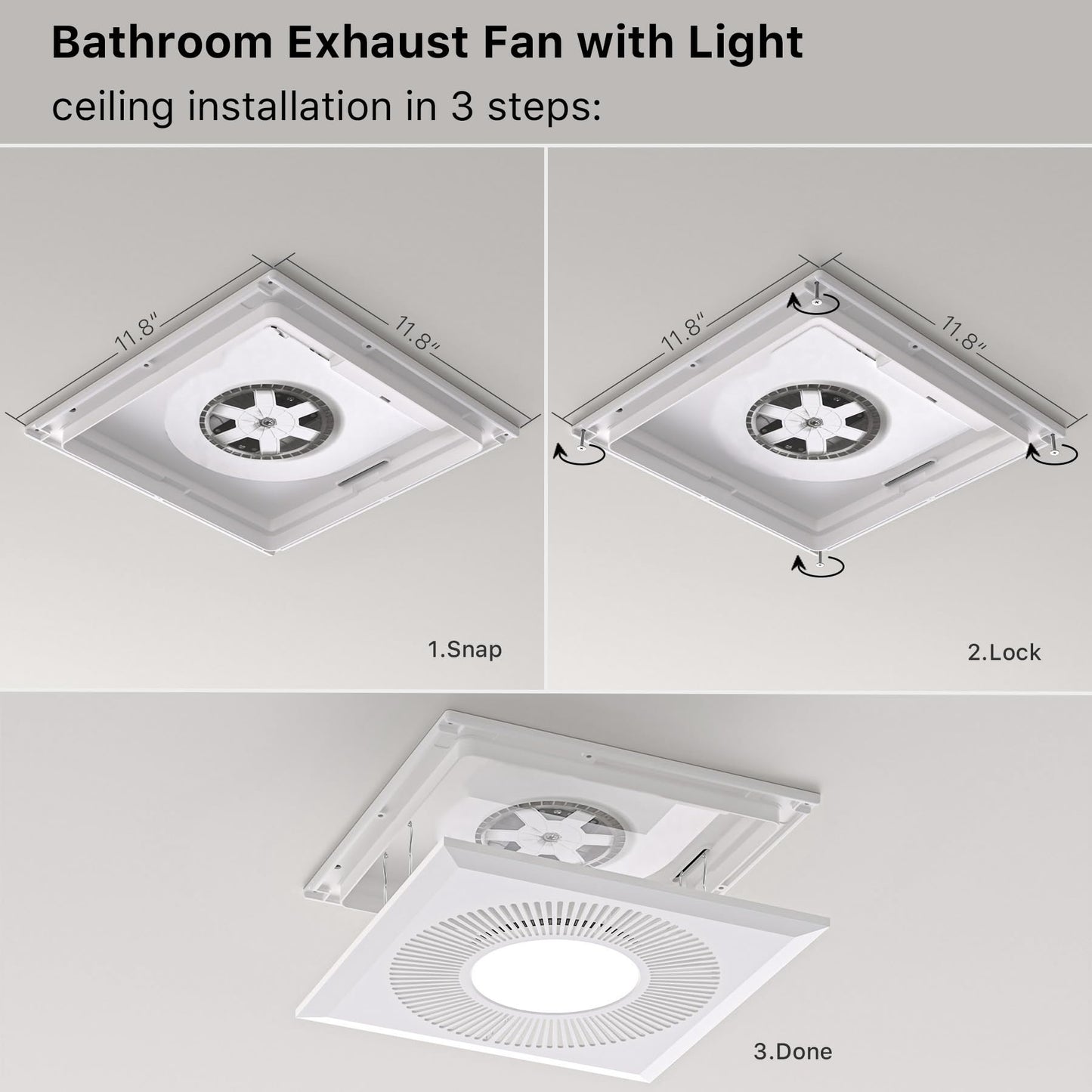 FWASTT Bathroom Exhaust Fan with Light 165CFM Shower Bathroom Vent Fan with 11.8IN 15w Led Light Combo Quiet 1.2 Sones Bath Ceiling vent with Adjustable Led Light 3000k/4000k/6500k For Home Bath