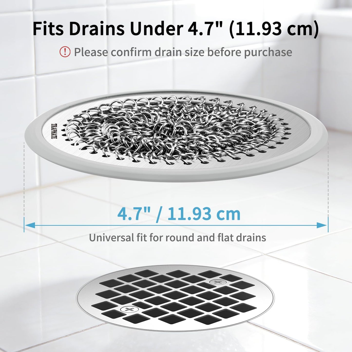 TRAPMATE Shower Drain Cover, 2PCS Prevent Clogging Shower Drain Hair Catcher, Non-Slip Stainless Steel Drain Protector, Patented Bathroom Accessory for US Standard Flat Drains of Bathroom