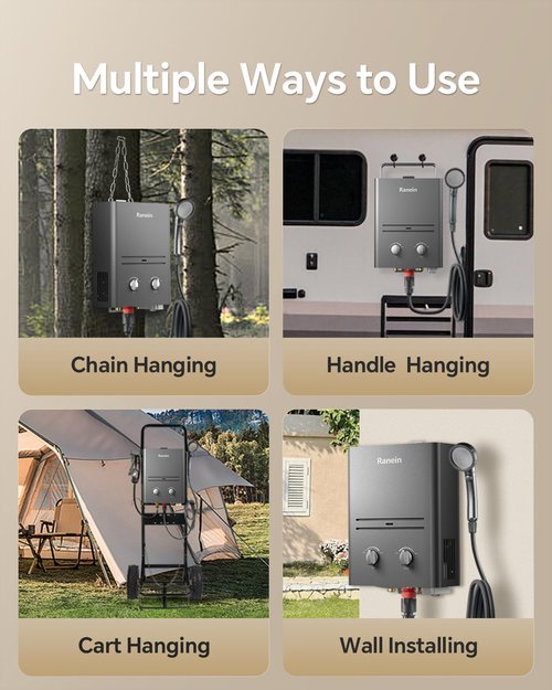 Ranein 1.58 GPM Portable Water Heater, Outdoor Tankless Water Heater Instant Gas Propane Hot Water Heater with Handle for RV Camping Trips Cabins Barns