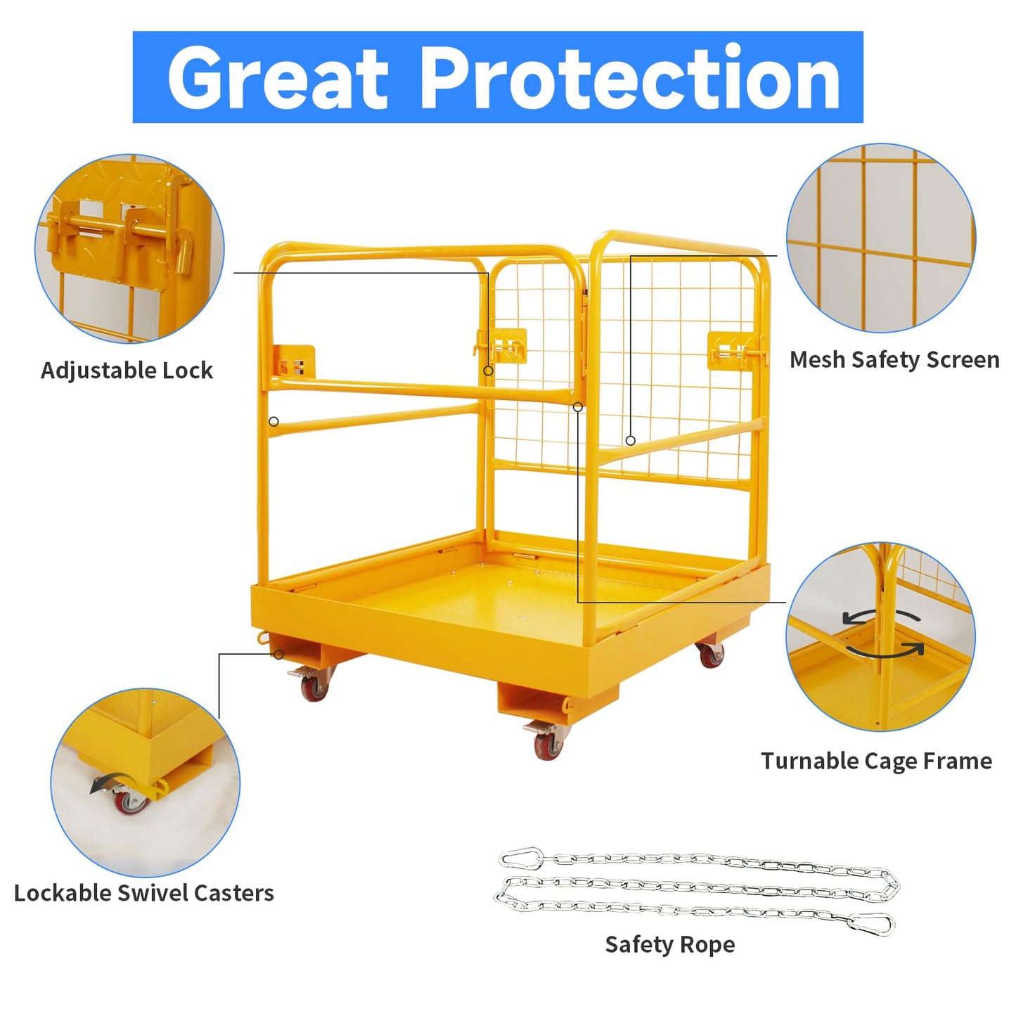 Forklift Safety Cage 36x36 Inch, 1200LBS Capacity Work Platform with 4 Wheels & Collapsible Design - Heavy-Duty Aerial Man Basket for Forklift/Pallet Loader