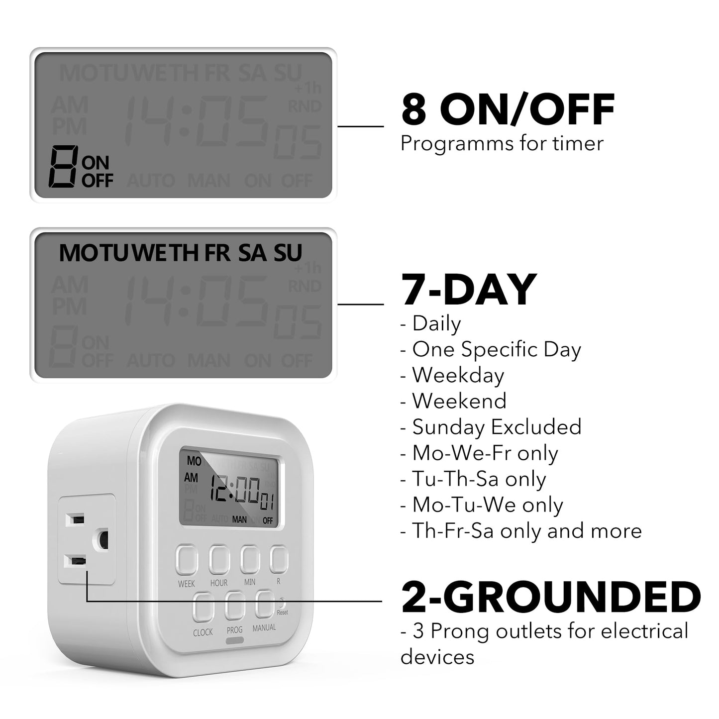 HBN 7 Day Heavy Duty Digital Timer, Dual Outlet, On/Off Programs 3-Prong Programmable Timer, Indoor, for Lamp, Light, Fan, Pets, Home, Kitchen, Office, Appliances, 125V, 15A, 1875W, 60Hz