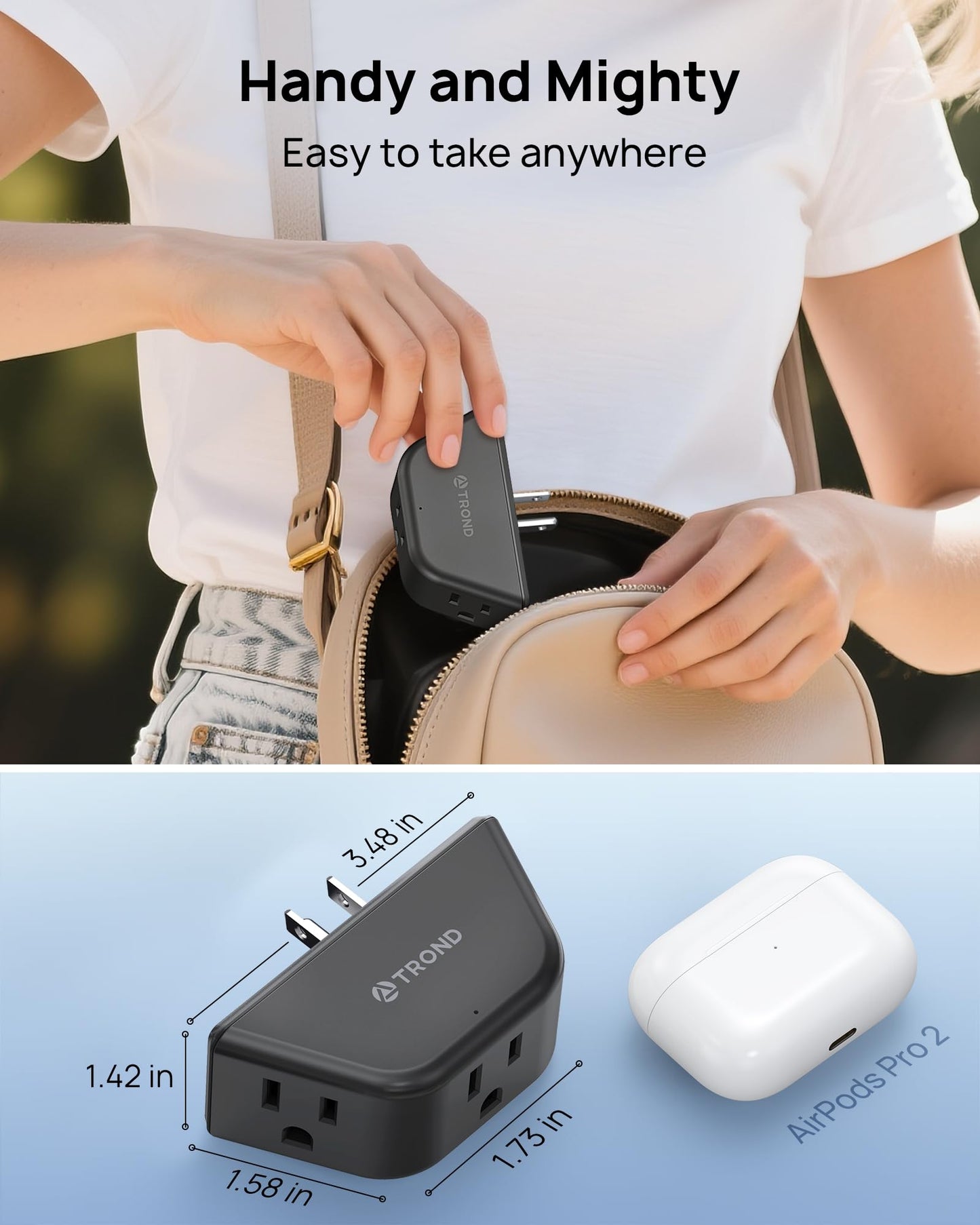 TROND Outlet Extender - 3 Prong Grounded Plug Extension Outlet, 3 Way Angled Wall Plug Splitter, Cruise Ship Essentials, Multiple Expander with 3 Electrical Sockets for Bathroom, Kitchen, Black