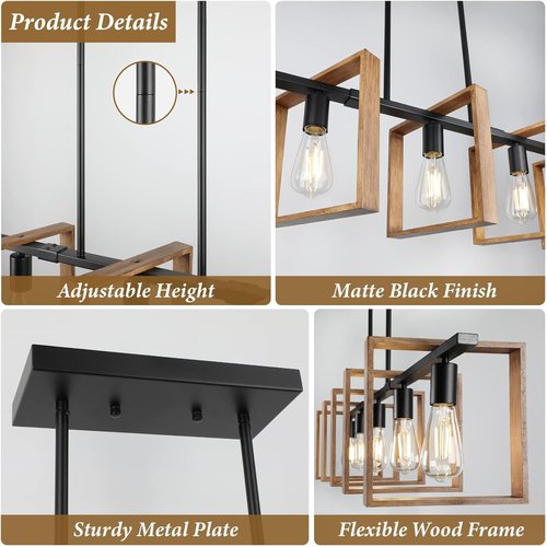 53’’ Farmhouse Kitchen Island Lighting, 5-Light Adjustable Dining Room Light Fixtures, Rustic Wood Chandeliers Black Hanging Light Fixtures for Kitchen, Pool Table Lights, Bulbs Not Included