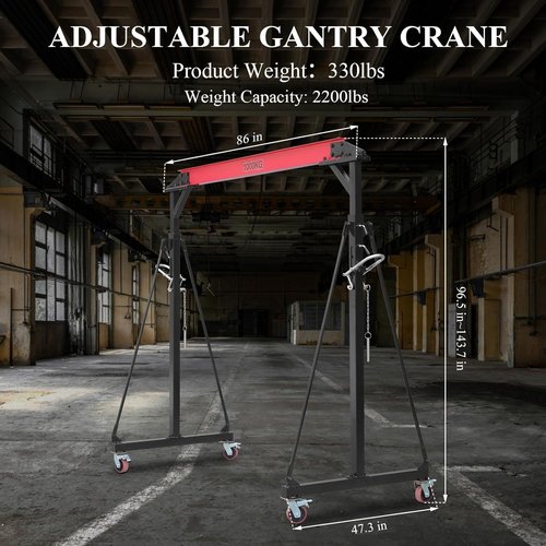 Adjustable Gantry Crane, 2200LBS Capacity Shop Lift Hoist Rated, Portable Design with 360°Locking Wheels,Gantry Crane Adjustable Height from 96.5" to 143.7" fit for Workshop,Garage