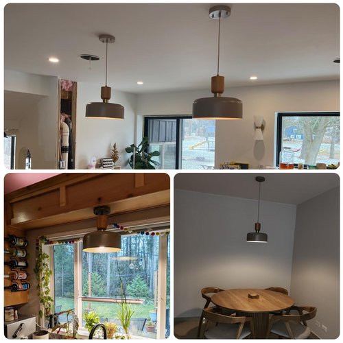 TeHenoo Contemporary Pendant Lights with Wood Cap, Brass Accent, 12 inch Light Brown Metal Shade,for Kitchen, Dining Room, Cafe