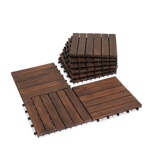 VICTORY RELAX Acacia Wood Patio Deck Tiles - 9 Pcs 6 Slats Interlocking Decking Tiles for Patio Decor, Waterproof Indoor & Outdoor Use, Balcony Garden Decking Tile (11.8 * 11.8 * 0.9 inches) Brown