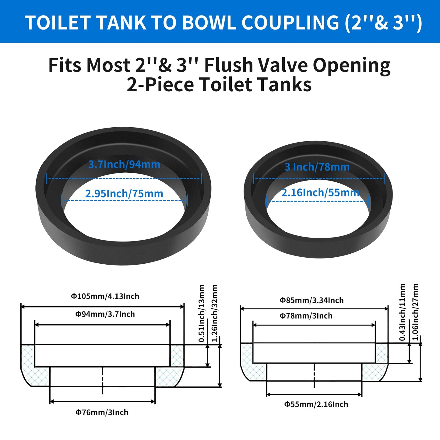 Universal Toilet Tank to Bowl Bolt & Gasket Replacement Kit Tank Repair Kit Includes 2" & 3" Rubber Seal Gaskets, Extra-Long Brass Plated Bolts, Washers, Nuts, Fits Most 2-Piece Toilets