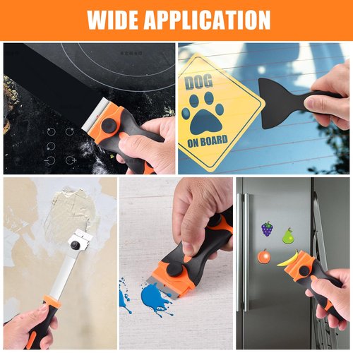 NECAMOCU 4 Pack Razor Blade Scraper, Premium Cleaning Scraper Tool with 50 PCS Metal & Plastic Razor Blades, Multi-Purpose Glass Scraper for Windows, Sticker, Decals, Cooktop, Paint Removal (Orange)