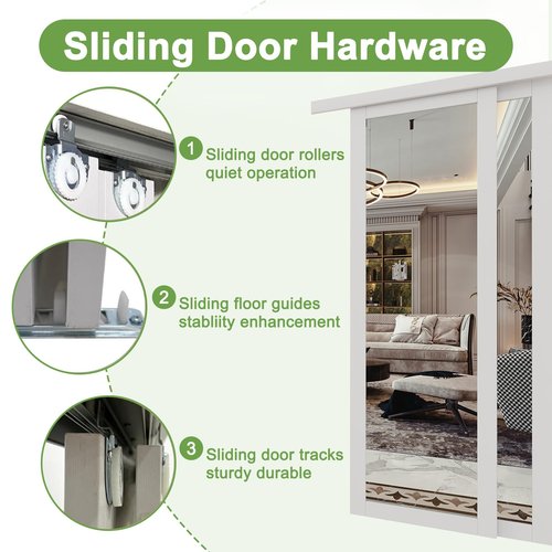 Bypass, 48" x 80" Sliding Closet Door, Double 25" Panels with One Side Mirror, Primed & Paintable Surface, White, Pre-Assembled Panels & Hardware Kit for Bedroom/Closet/Laundry