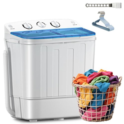 Erivess Compact Mini Twin Tub 18lbs Washing Machine with Drying Rack, 11 lbs Washer Mini Compact Laundry Machine and 7 lbs Spinner, Convenient and Efficient for Dorms, Apartment (Blue)