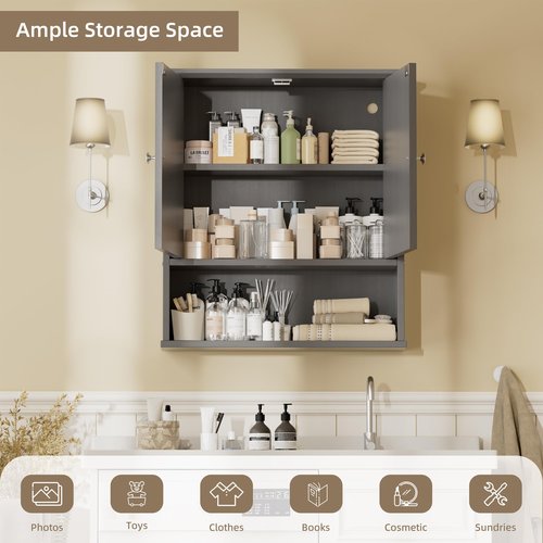 Walsunny Medicine Cabinet Mirror with Storage, Wood Bathroom Wall Cabinet with 2 Vanity Mirror Door and Adjustable Shelfs Wall Mounted for Rv Bathroom Restroom Kitchen, Gray