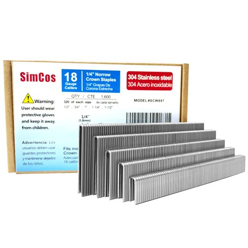SimCos 18 Gauge 304 Stainless Steel 1/4" Narrow Crown Staples (1-1/2",1-1/4" 1", 3/4", 1/2"), Assorted 1600 Counts for 18 GA Pneumatic or Electric Stapler or Staple Gun,Project Pack
