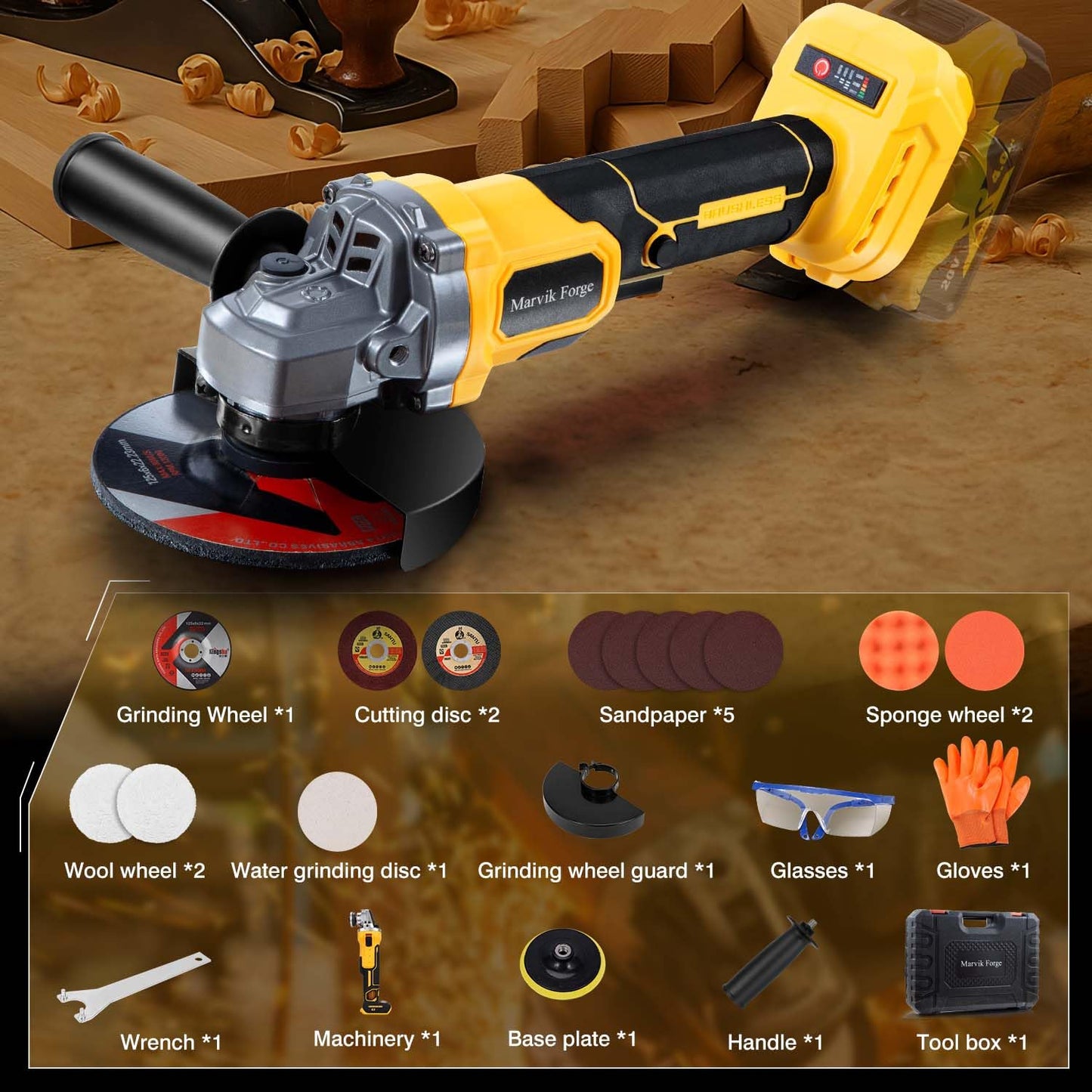 Marvik Forge Cordless Angle Grinder Compatible with 20V Max Dewalt Battery(No Battery), Brushless Motor, with Car Polishing Accessories, 4-1/2"Cutting and Grinding Disc, Variable Speed, Lock-On Switch