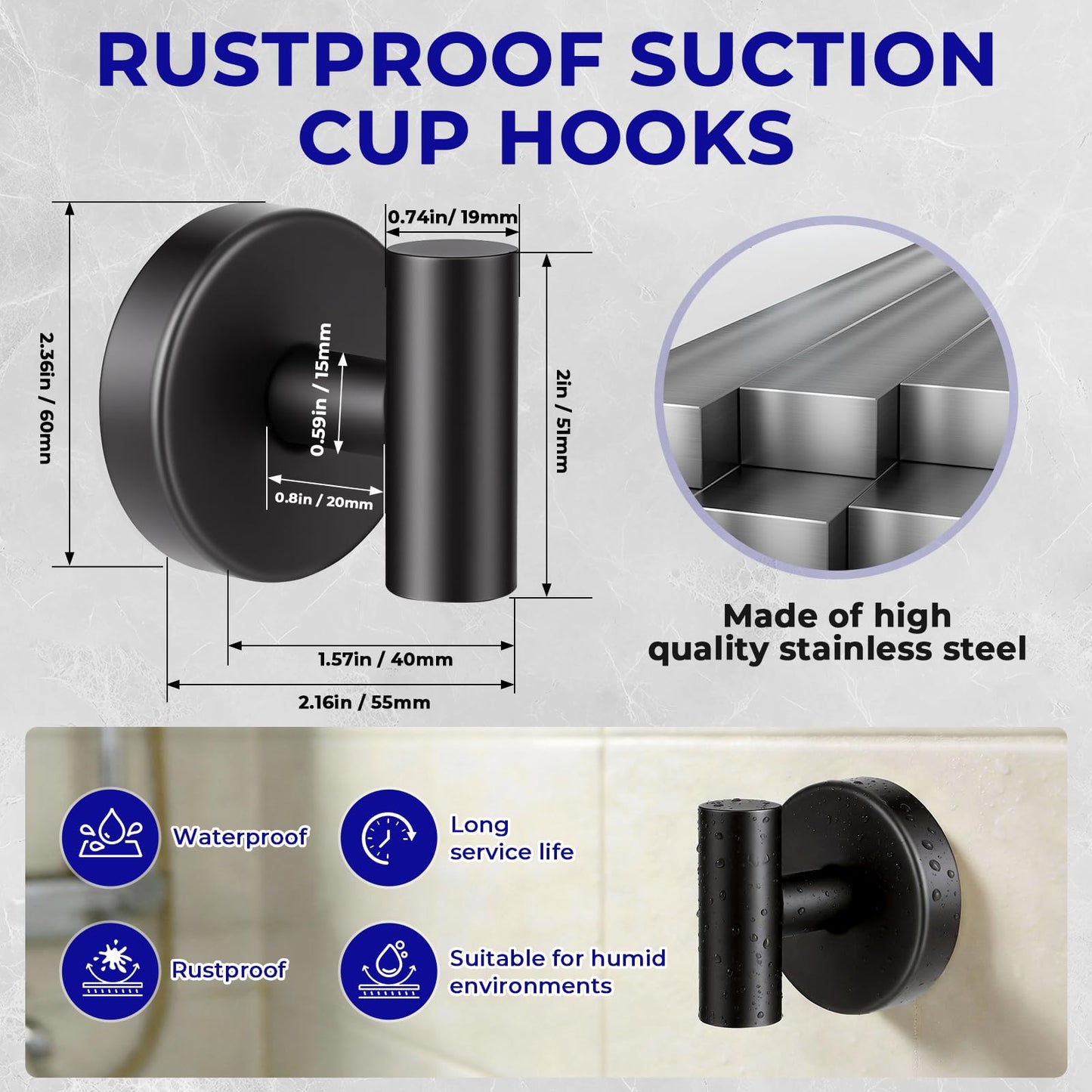 Suction Cup Hooks for Shower Heavy Duty, Shower Hooks No Drill, Shower Hooks for Inside Shower Stainless Steel, Suction Hooks for Window, Glass, Tile, Wall, Loofah, Bath Robe, Wreath, Black 2 Pack
