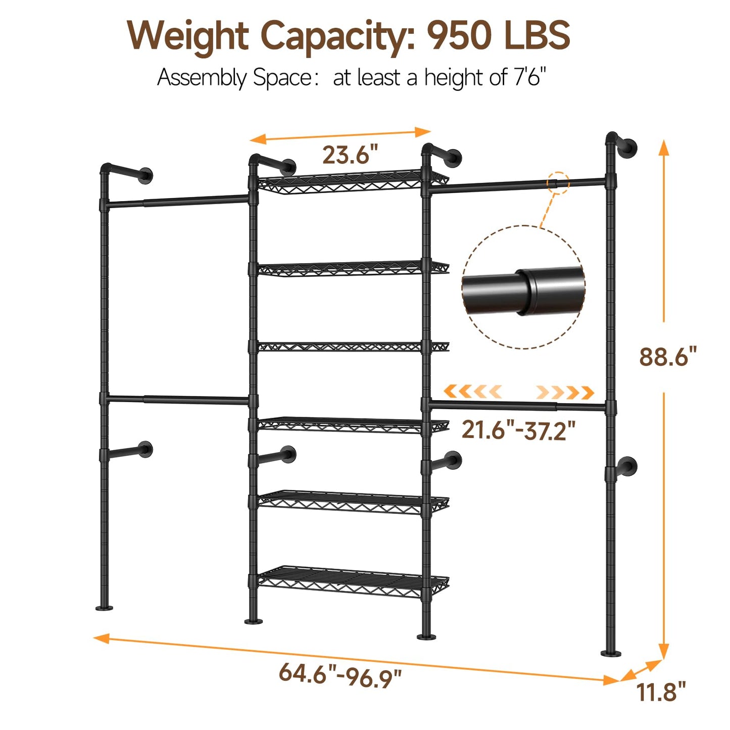 ONBRILL H3 Expandable Wall Mounted Closet System, 5.4FT-8.1FT Closet Organizer with 4 Telescopic Rods & 6 Wire Shelves, Industrial Pipe Clothing Rack for Walk-in & Reach-in Closet (Black)