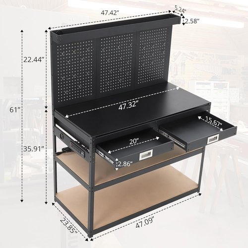 Workbench with Drawers,48'' Work Table for Garage & Workshop - 1000lbs Capacity, 2 Drawers & Pegboard, 0.48" Hardwood Top, 4 AC Outlets, Metal Tool Bench