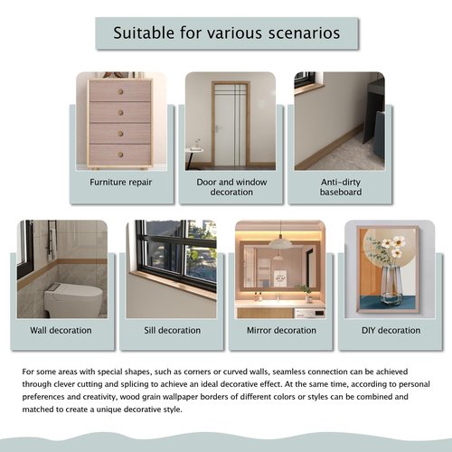 FEILAYS Teak Wood Grain Removable PVC Waterproof Border Wall Decor Removable Self Adhesive Door Frame Window Mirror Bathroom Tiles Sticker Grain Trim Wallpaper 1.96inch x 393inch