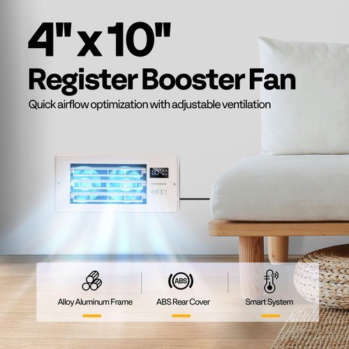 VIVOHOME 4'' x 10'' Opening Register Booster Fan with Adjustable Wind Direction Louver, Smart Intelligent Thermostat & 10-Speed Remote Control - 11.4" x 5.5" Vent Cover for Room, Floor, Wall - White