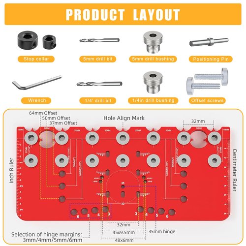 Shelf Pin Jig and Hinge Jig Two-in-One,1/4 Inch and 5mm Shelf Pin Drilling Jig,Self contained Clamping Function Shelf Jig and Cabinet Hardware Jig Tool Drill Guide， shelf pin jig drill guide template