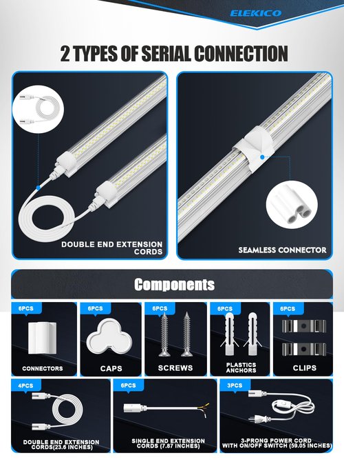 ELEKICO 6 Pack 50w 4ft Led Shop Light, Super Bright 7500lm 5000k V Shape 4' Led Shop Lights, Linkable 4 Foot Led Shop Lights for Garage Warehouse, Supermarket, Basement, Barn, Storage Area