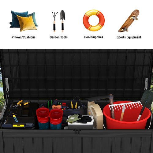 Mars Villa 180 Gallon Outdoor Storage Box Waterproof, Extra Large Resin Deck Box, Outside Storage Bin for Patio Furniture Cushions, Pool Supplies, Sports Gear, UV Resistant and Weatherproof, Black