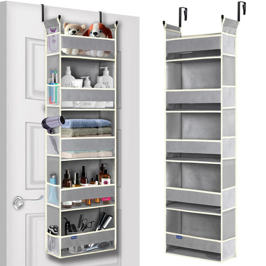 roomtalk Over The Door Organizer 5-Shelves and 10 Side Pockets, Over The Door Storage for Bathroom Bedroom Nursery, Hanging Door Organizer for Baby Diapers and Kids Toys (13"x5"x44", Grey)