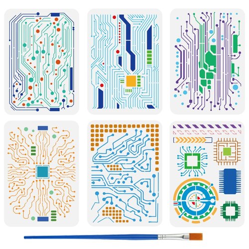 FINGERINSPIRE 6 PCS Circuit Board Stencils with Paint Brush 8.3x11.7inch Circuit Diagram Templates Reusable Mixed Media Electronic Sketch Stencils for Painting on Wood Wall Canvas Furniture