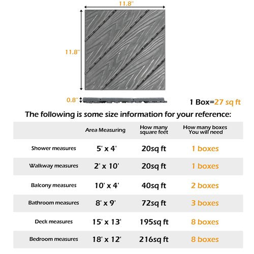 VINGLI Interlocking Deck Tiles, Anti-Slip Plastic Tiles for All Weather, Outdoor/Indoor Flooring for Patio, Porch, Poolside, 27 Pcs 11.8” x 11.8”, Diagonal Stripe (Dark Gray)