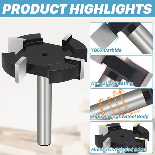KEENTECH CNC Spoilboard Surfacing Router Bits, 1/4” Shank 1-1/2” Dia 3/10” Cutting Depth, YG6X, Wood