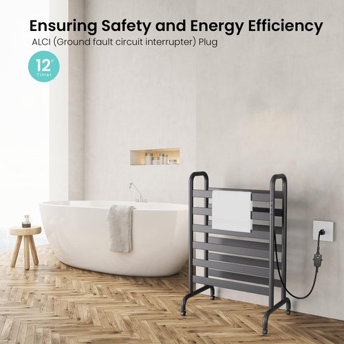 Zelngo Freestanding Towel Warmer Rack for Bathroom, Smart Electric Heated Towel Rack, 12 Bars Timer, Pulley Stand Alone Fast Heating, Constant Temperature Hard Wired/Plug-in Waterproof Black