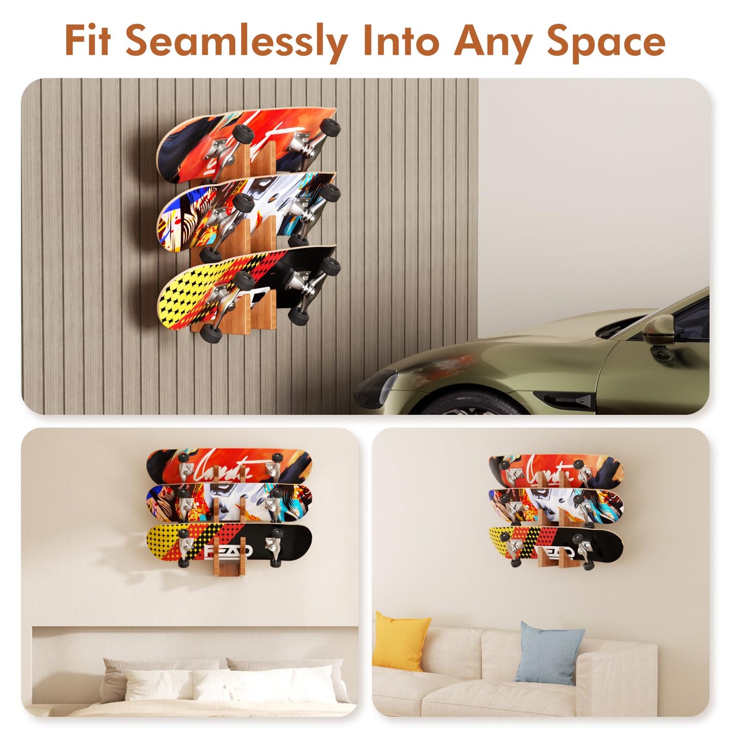 Mihoho Free Standing Skateboard Racks Floor Stand 3-Layer Wooden Skateboard Holder, Snowboard Storage Display Rack, Longboard Kids Skateboard Deck (Walnut)