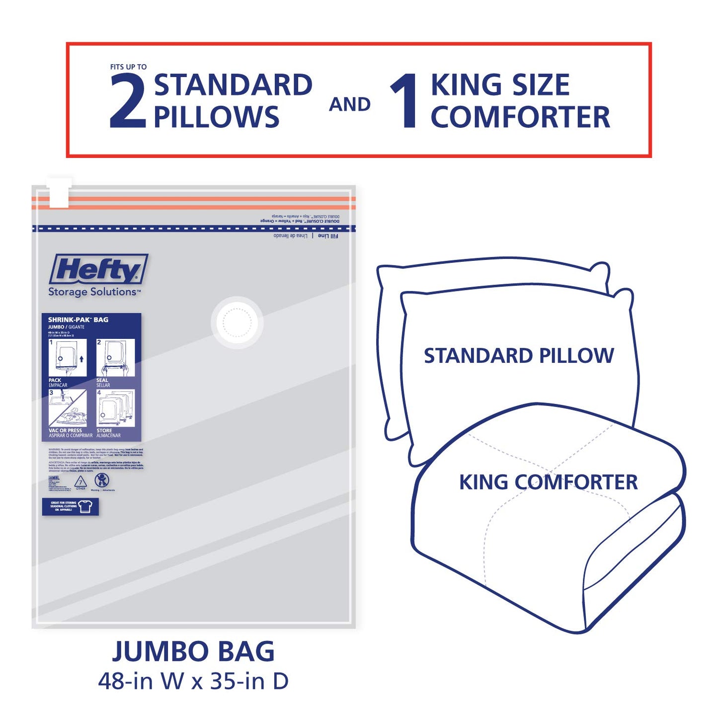 Hefty Shrink-Pak Vacuum Storage Bags - Space Saver for Under Bed Storage, Clothing and Comforters, Odor Resistant, 3X More Storage Space - 3 Jumbo Bags